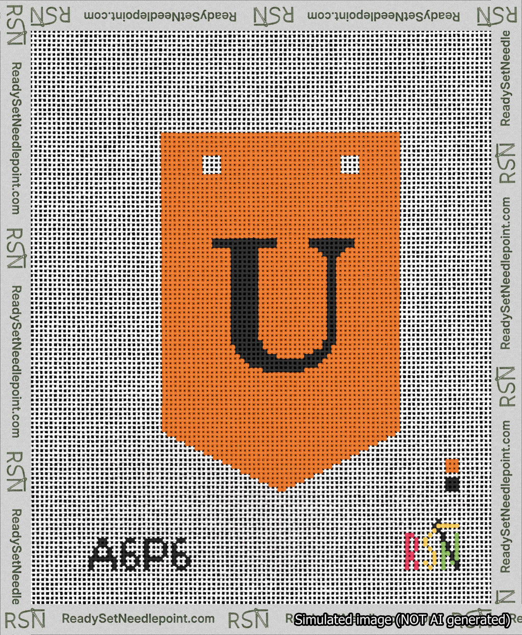 A taped needlepoint canvas with the design: Banner 13 mesh count Pointed U Black on Orange.