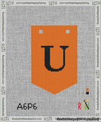 A taped needlepoint canvas with the design: Banner 13 mesh count Pointed U Black on Orange.