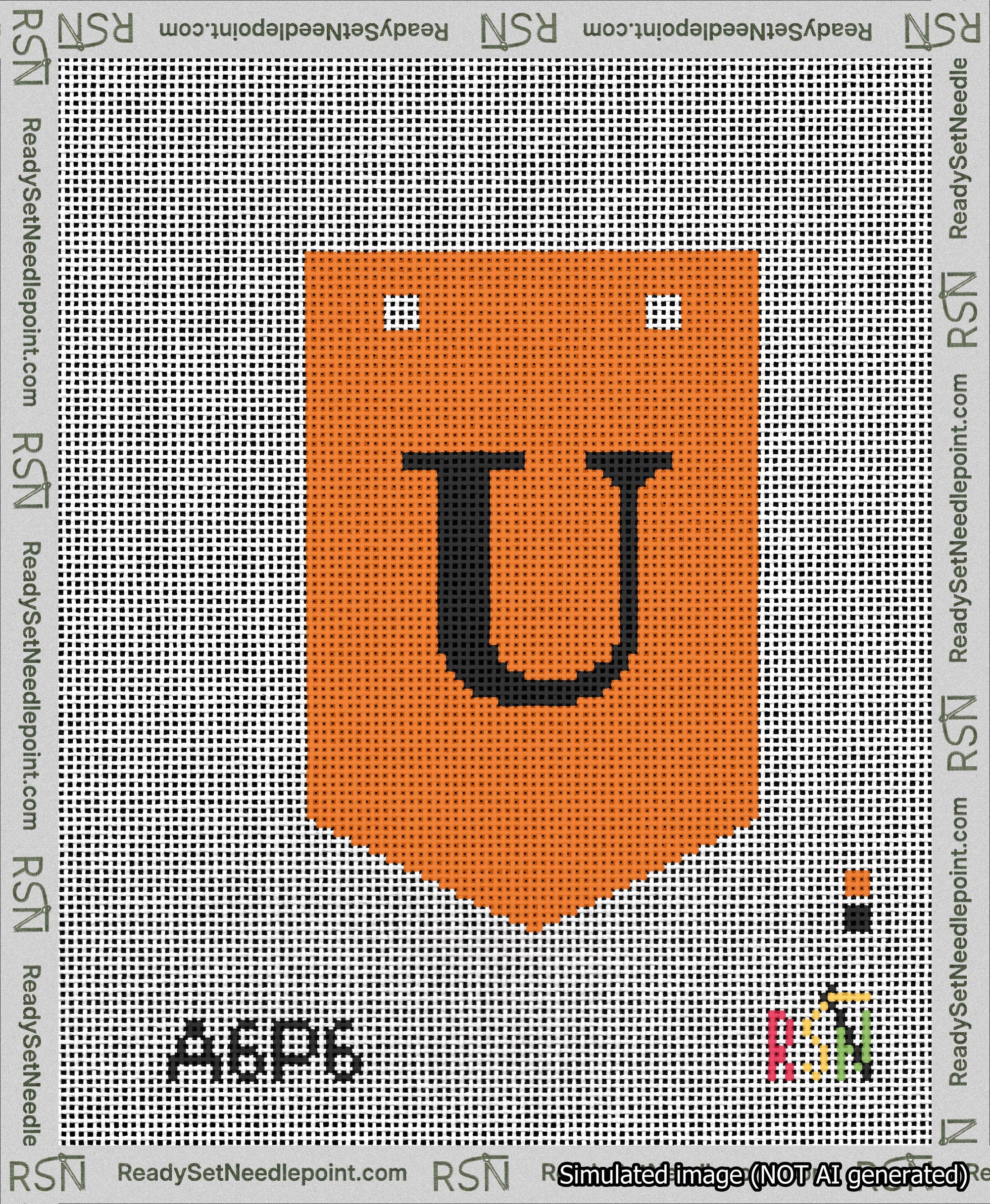 A taped needlepoint canvas with the design: Banner 13 mesh count Pointed U Black on Orange.