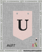A taped needlepoint canvas with the design: Banner 13 mesh count Pointed U Black on Pink.