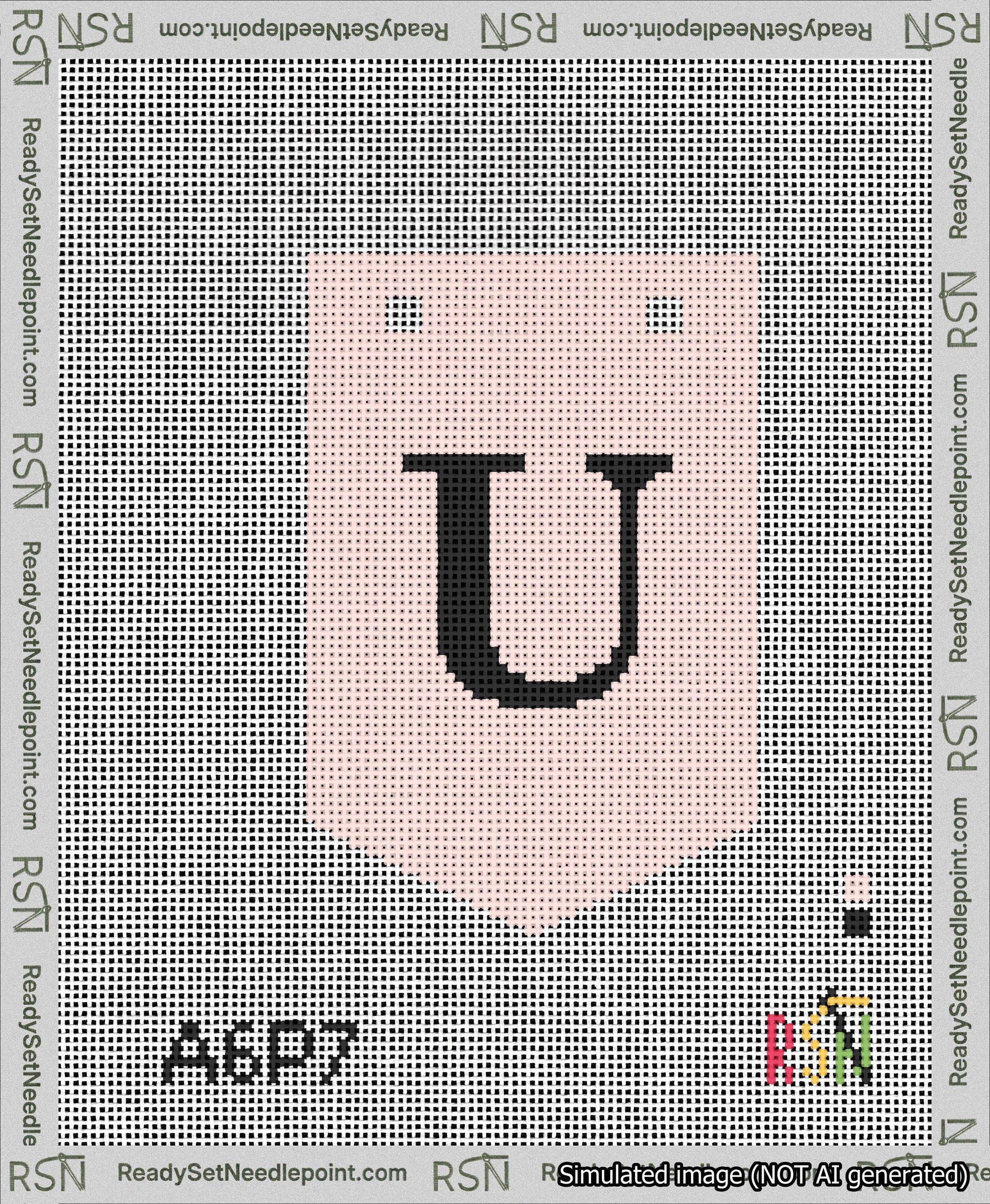 A taped needlepoint canvas with the design: Banner 13 mesh count Pointed U Black on Pink.