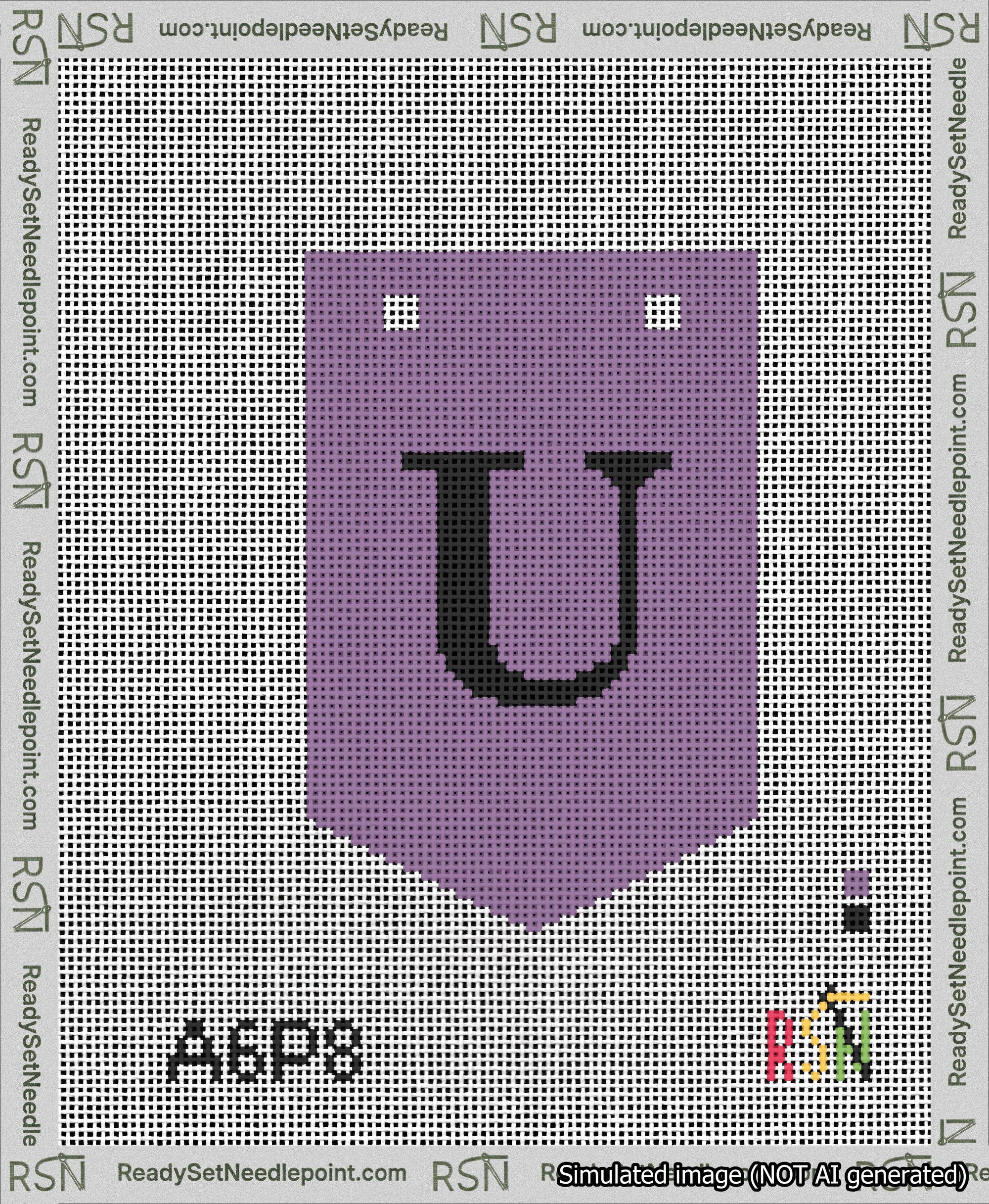 A taped needlepoint canvas with the design: Banner 13 mesh count Pointed U Black on Purple.