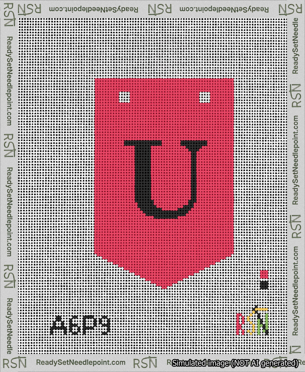 A taped needlepoint canvas with the design: Banner 13 mesh count Pointed U Black on Red.