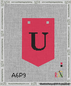 A taped needlepoint canvas with the design: Banner 13 mesh count Pointed U Black on Red.