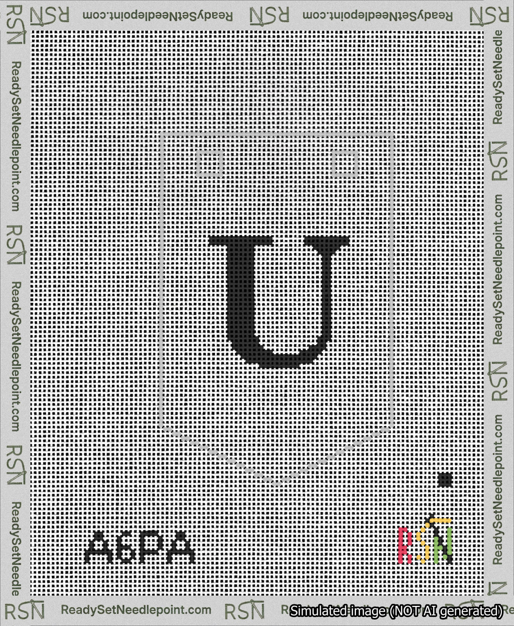 A taped needlepoint canvas with the design: Banner 13 mesh count Pointed U Black on White.