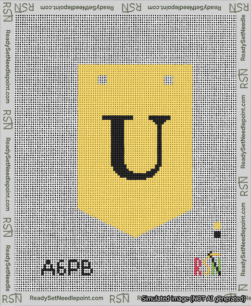 A taped needlepoint canvas with the design: Banner 13 mesh count Pointed U Black on Yellow.