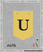 A taped needlepoint canvas with the design: Banner 13 mesh count Pointed U Black on Yellow.