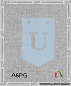 A taped needlepoint canvas with the design: Banner 13 mesh count Pointed U White on Light Blue.