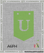 A taped needlepoint canvas with the design: Banner 13 mesh count Pointed U White on Light Green.