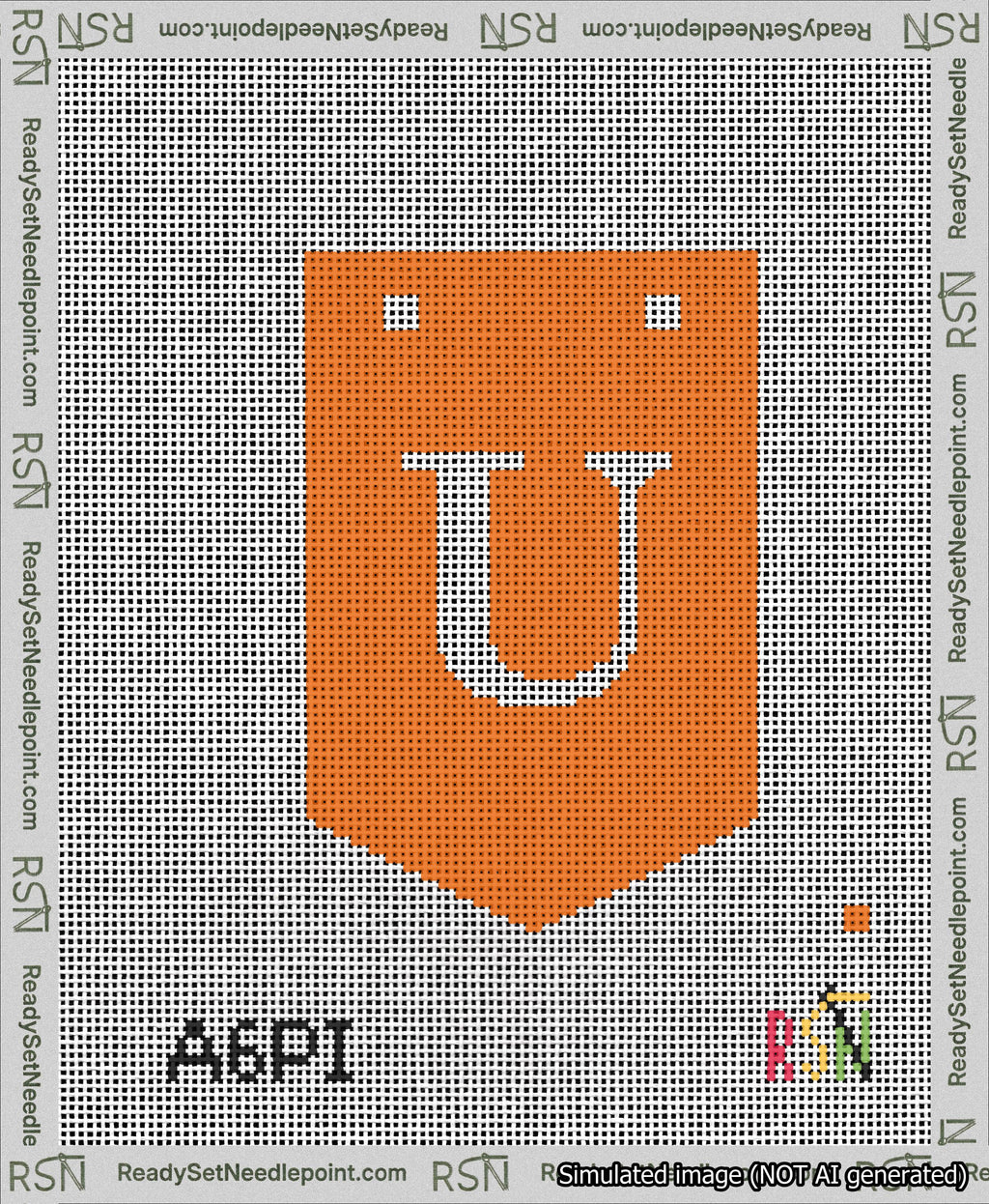 A taped needlepoint canvas with the design: Banner 13 mesh count Pointed U White on Orange.