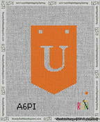 A taped needlepoint canvas with the design: Banner 13 mesh count Pointed U White on Orange.
