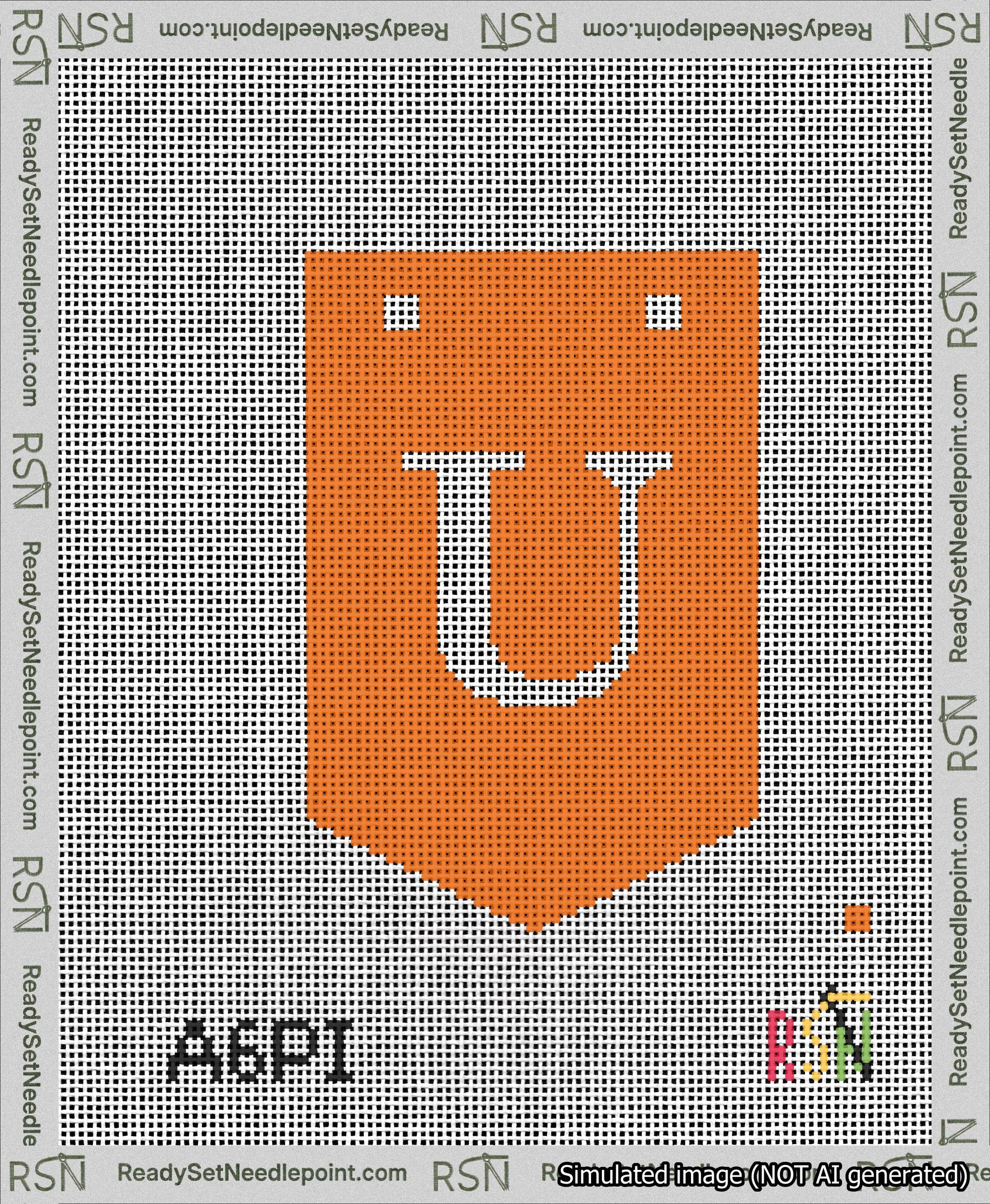 A taped needlepoint canvas with the design: Banner 13 mesh count Pointed U White on Orange.