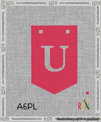 A taped needlepoint canvas with the design: Banner 13 mesh count Pointed U White on Red.