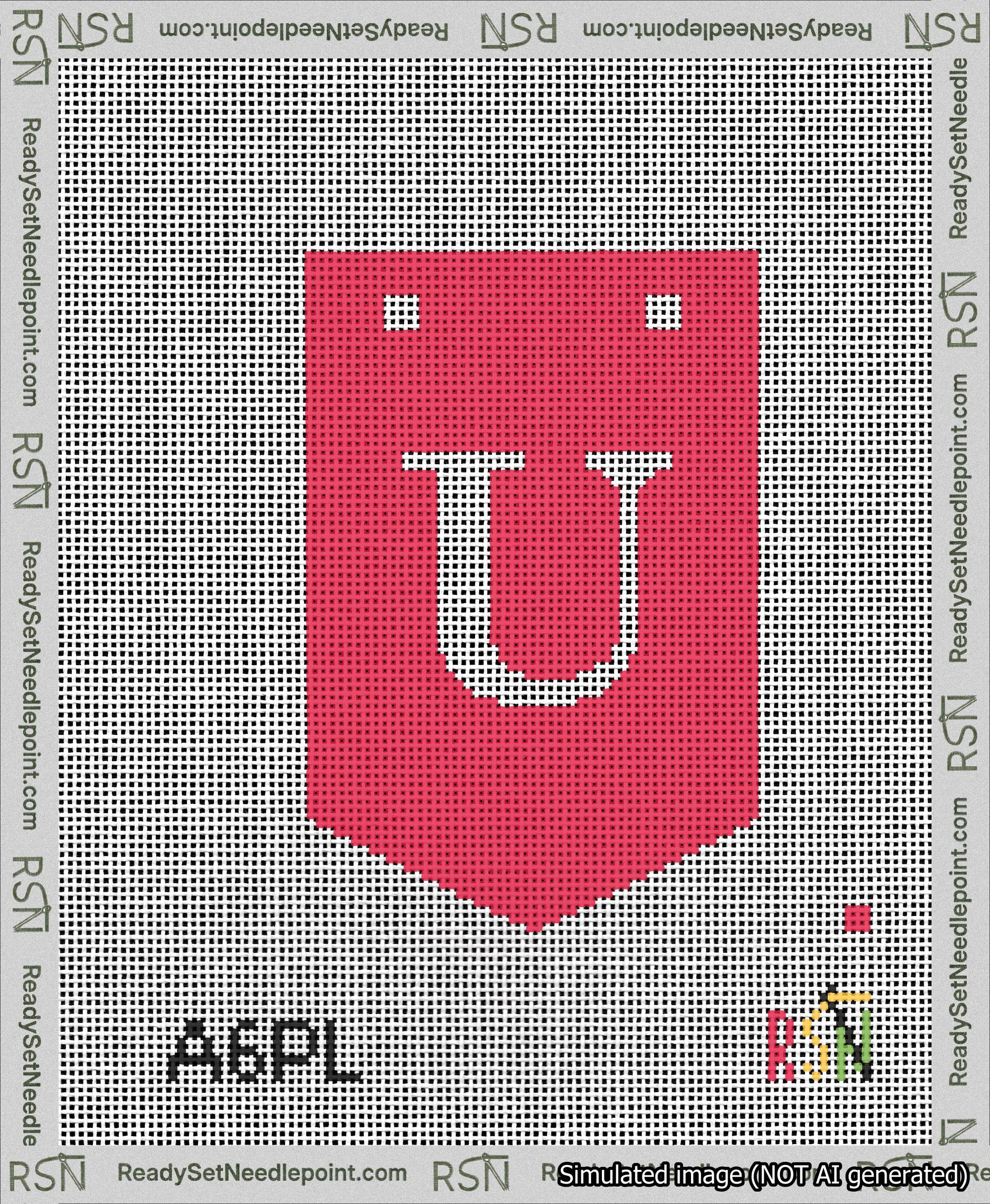 A taped needlepoint canvas with the design: Banner 13 mesh count Pointed U White on Red.