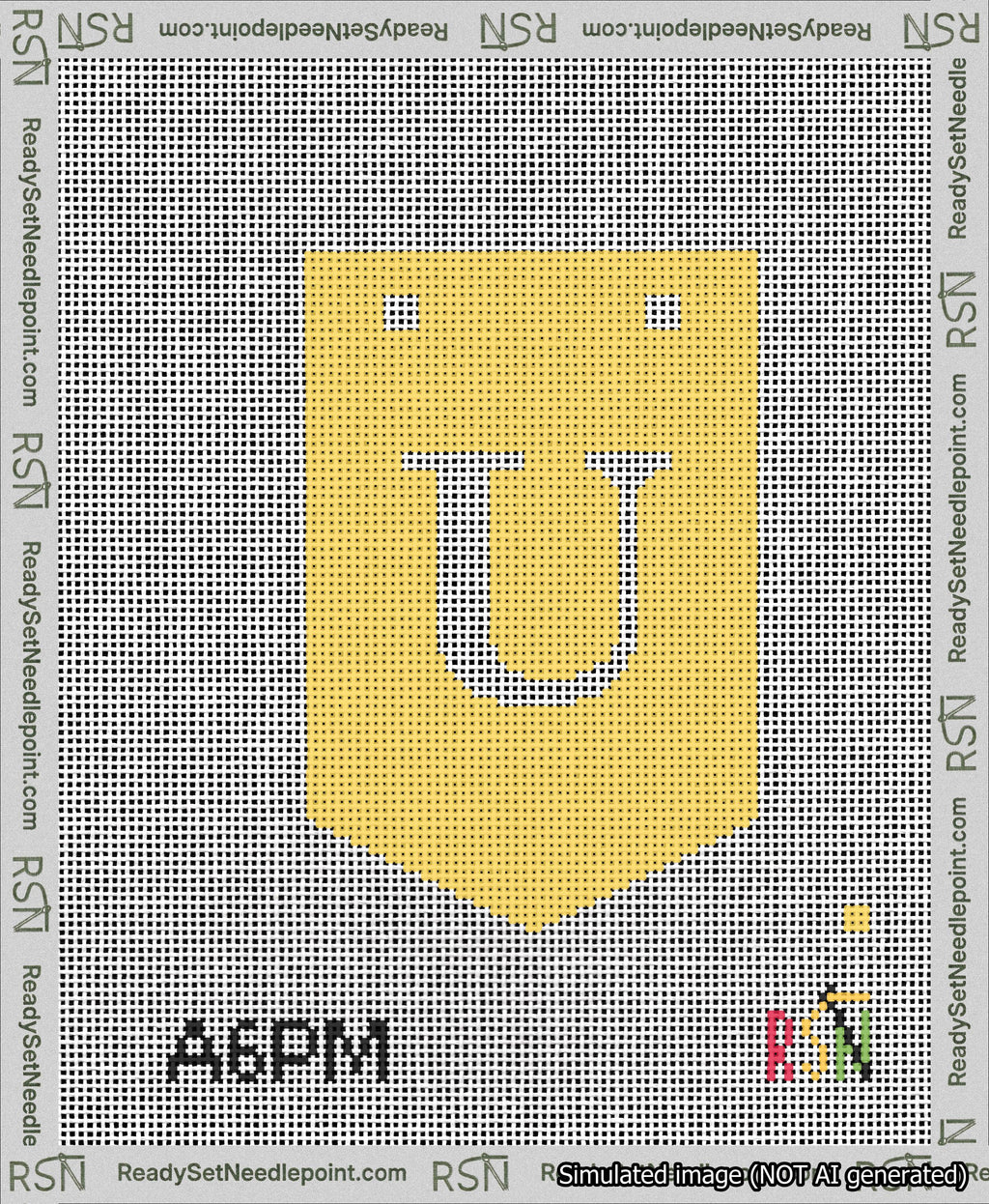 A taped needlepoint canvas with the design: Banner 13 mesh count Pointed U White on Yellow.