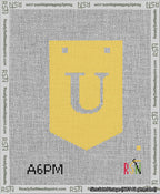 A taped needlepoint canvas with the design: Banner 13 mesh count Pointed U White on Yellow.