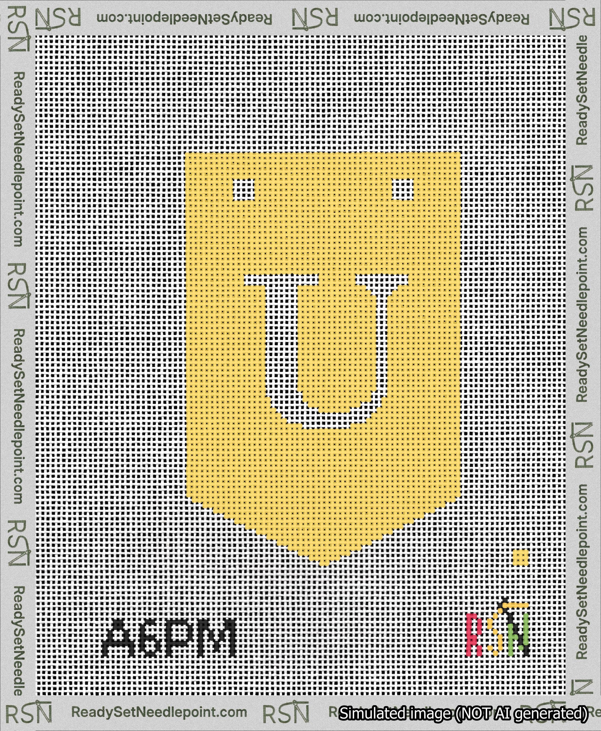 A taped needlepoint canvas with the design: Banner 13 mesh count Pointed U White on Yellow.