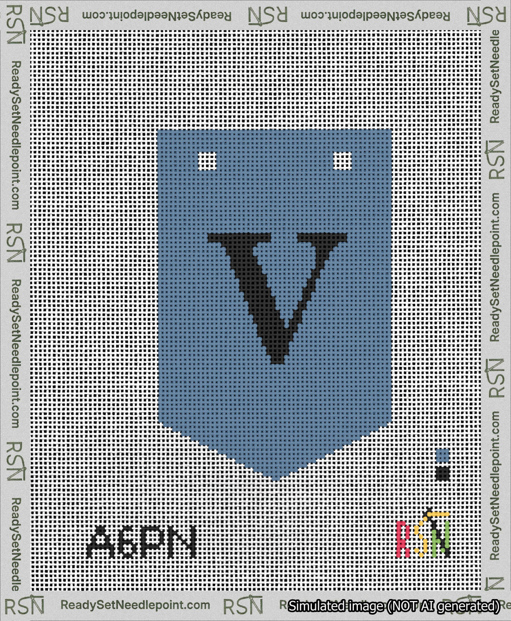 A taped needlepoint canvas with the design: Banner 13 mesh count Pointed V Black on Blue.