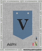 A taped needlepoint canvas with the design: Banner 13 mesh count Pointed V Black on Blue.
