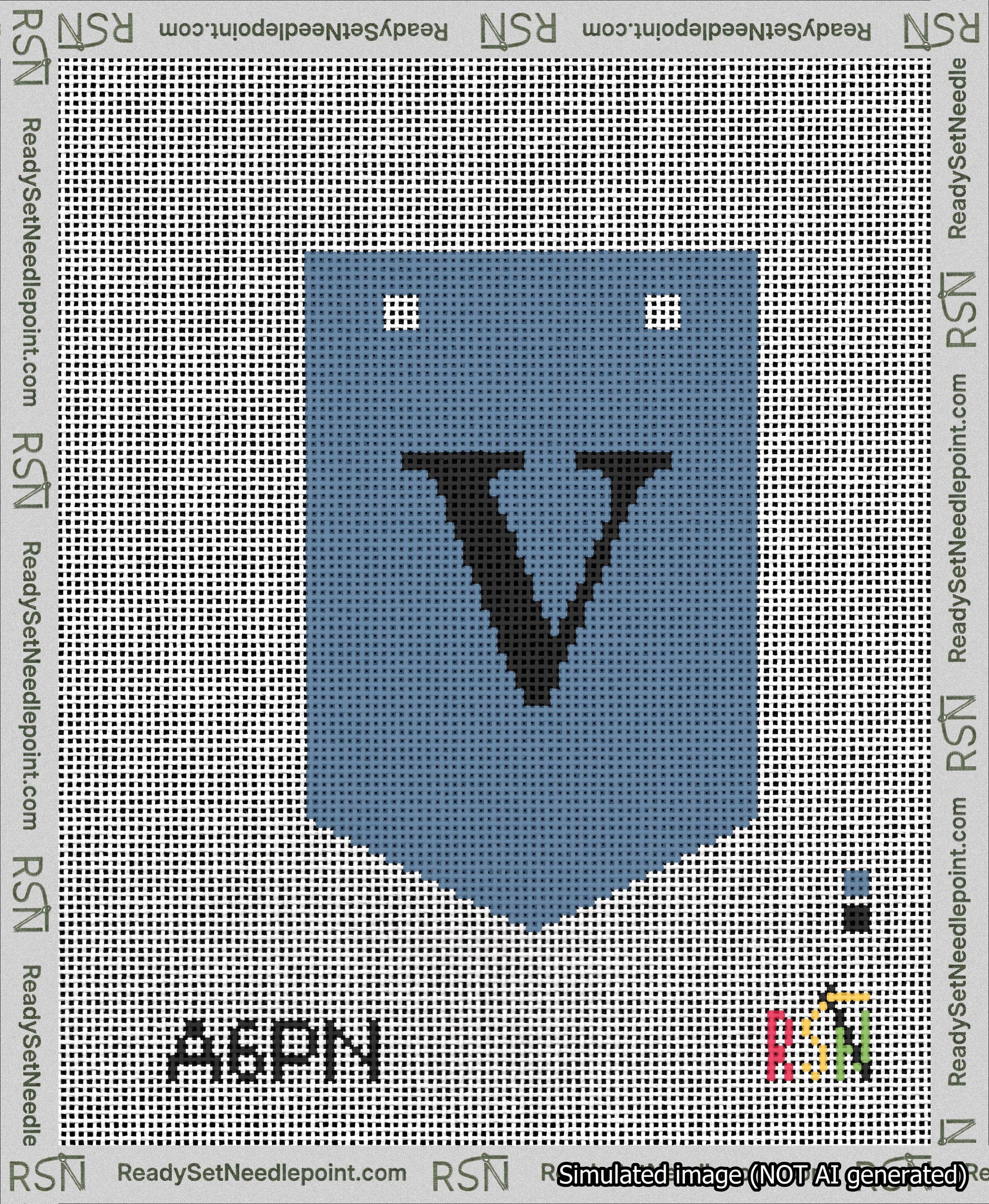 A taped needlepoint canvas with the design: Banner 13 mesh count Pointed V Black on Blue.