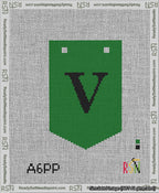 A taped needlepoint canvas with the design: Banner 13 mesh count Pointed V Black on Green.