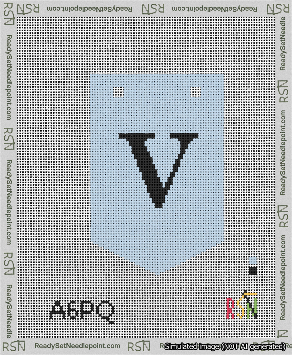 A taped needlepoint canvas with the design: Banner 13 mesh count Pointed V Black on Light Blue.