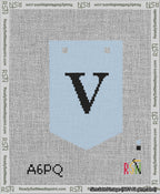 A taped needlepoint canvas with the design: Banner 13 mesh count Pointed V Black on Light Blue.