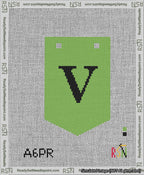 A taped needlepoint canvas with the design: Banner 13 mesh count Pointed V Black on Light Green.