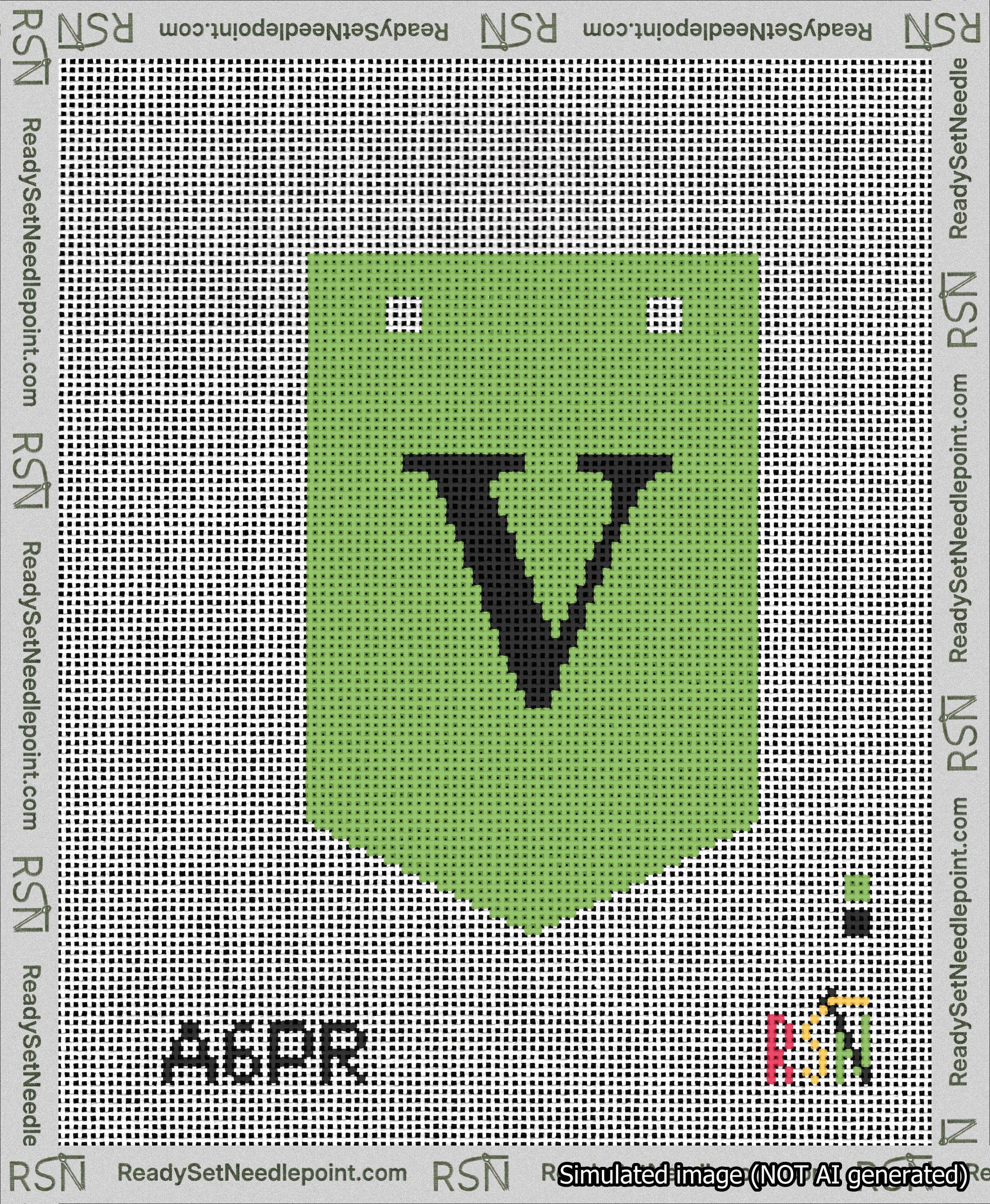A taped needlepoint canvas with the design: Banner 13 mesh count Pointed V Black on Light Green.