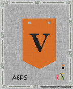 A taped needlepoint canvas with the design: Banner 13 mesh count Pointed V Black on Orange.