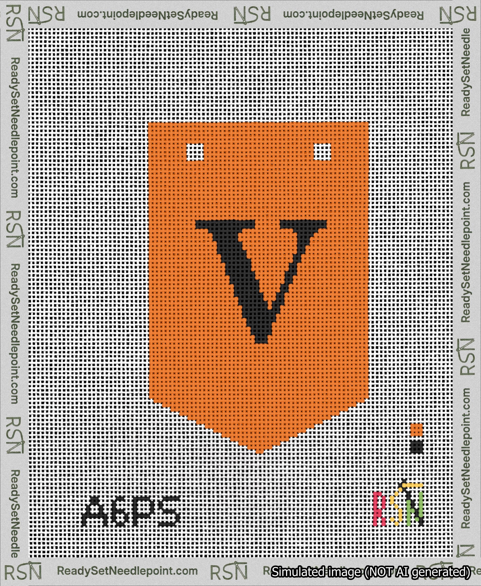 A taped needlepoint canvas with the design: Banner 13 mesh count Pointed V Black on Orange.
