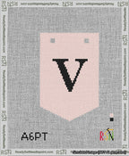 A taped needlepoint canvas with the design: Banner 13 mesh count Pointed V Black on Pink.