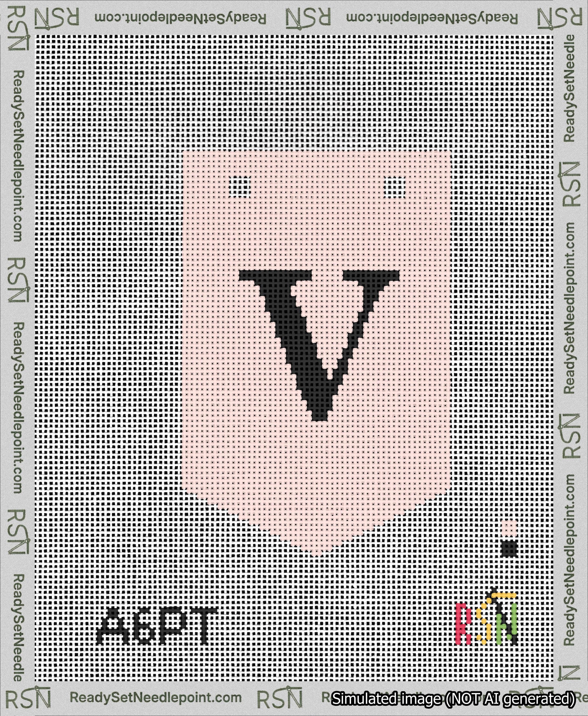 A taped needlepoint canvas with the design: Banner 13 mesh count Pointed V Black on Pink.