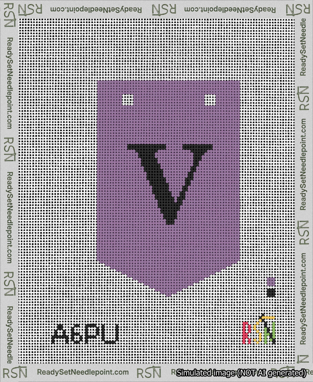 A taped needlepoint canvas with the design: Banner 13 mesh count Pointed V Black on Purple.