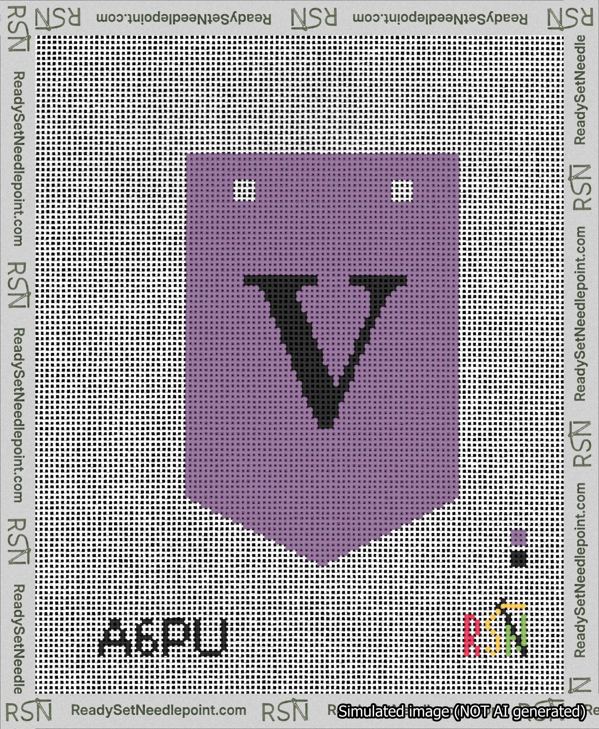 A taped needlepoint canvas with the design: Banner 13 mesh count Pointed V Black on Purple.