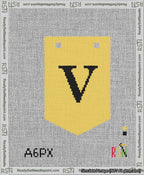A taped needlepoint canvas with the design: Banner 13 mesh count Pointed V Black on Yellow.