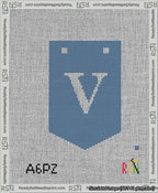 A taped needlepoint canvas with the design: Banner 13 mesh count Pointed V White on Blue.