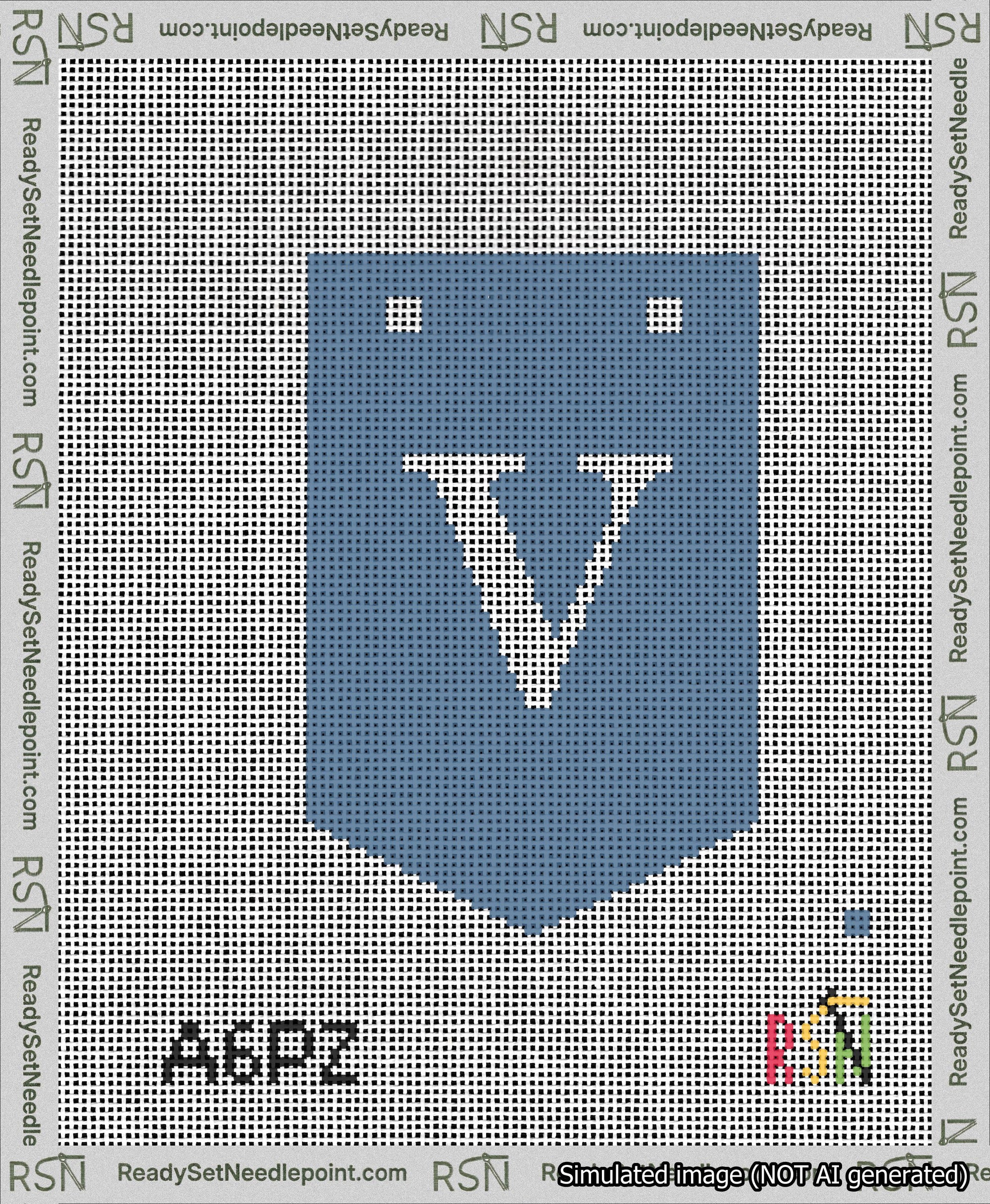 A taped needlepoint canvas with the design: Banner 13 mesh count Pointed V White on Blue.