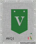 A taped needlepoint canvas with the design: Banner 13 mesh count Pointed V White on Green.