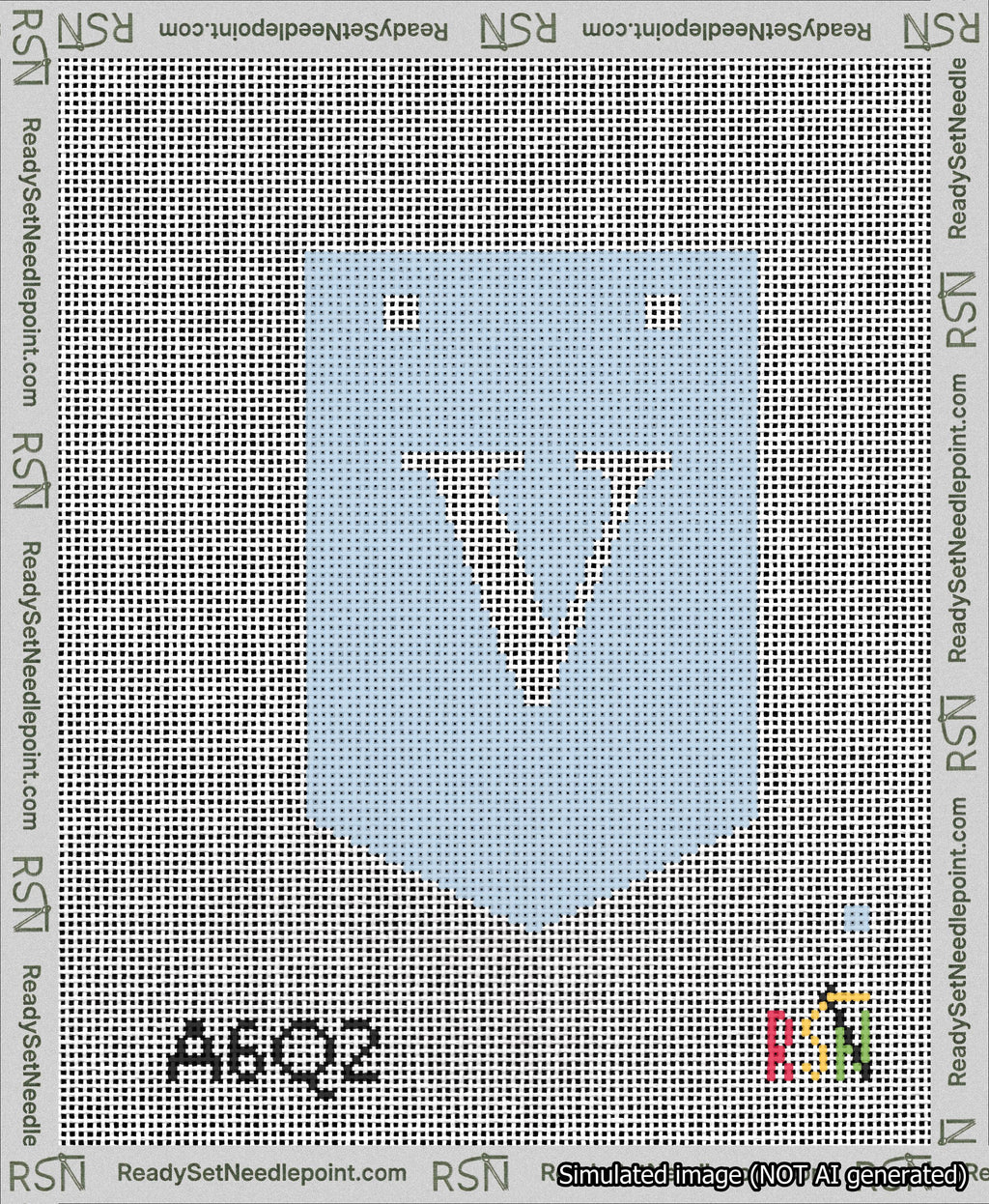 A taped needlepoint canvas with the design: Banner 13 mesh count Pointed V White on Light Blue.