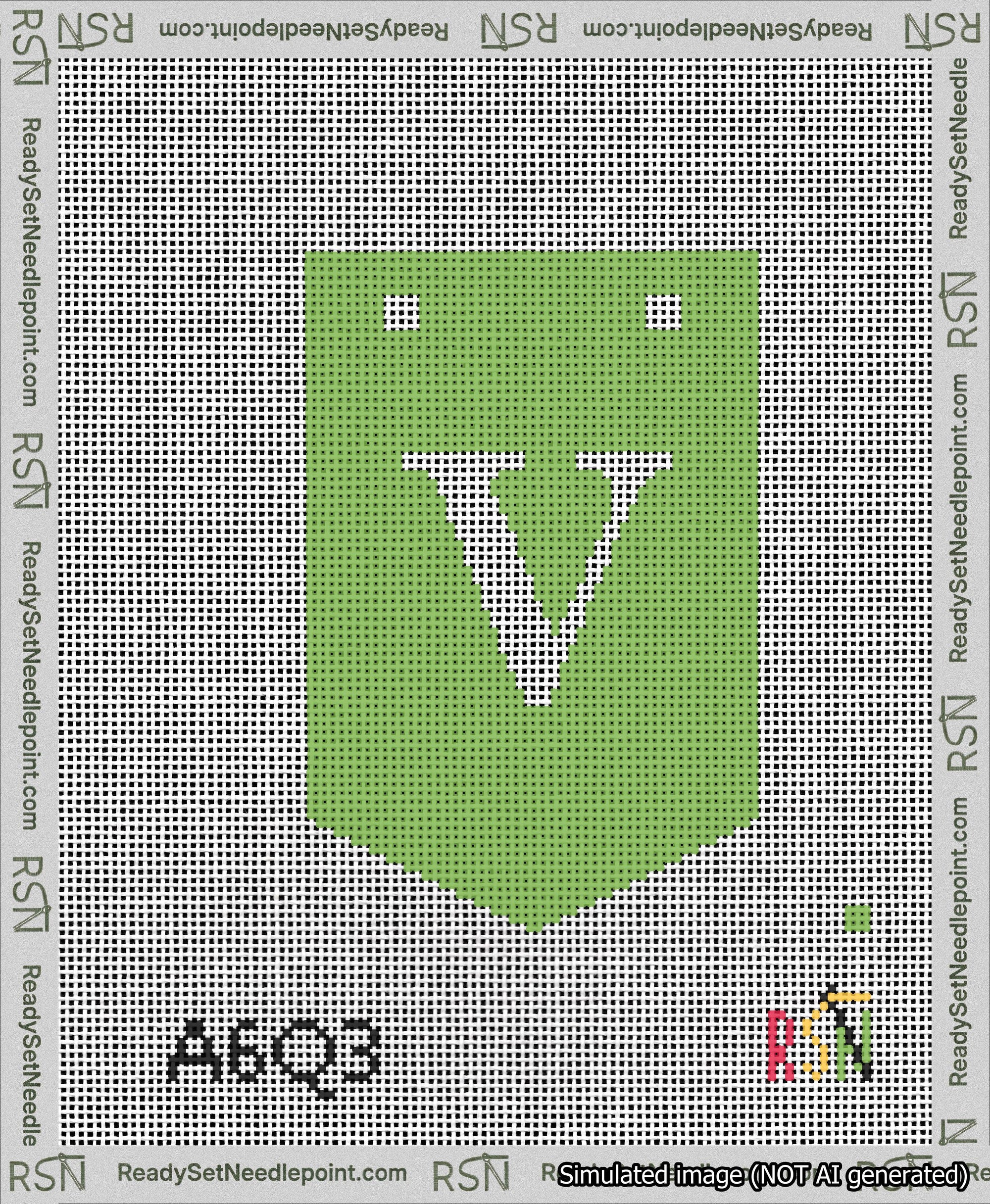 A taped needlepoint canvas with the design: Banner 13 mesh count Pointed V White on Light Green.