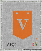 A taped needlepoint canvas with the design: Banner 13 mesh count Pointed V White on Orange.
