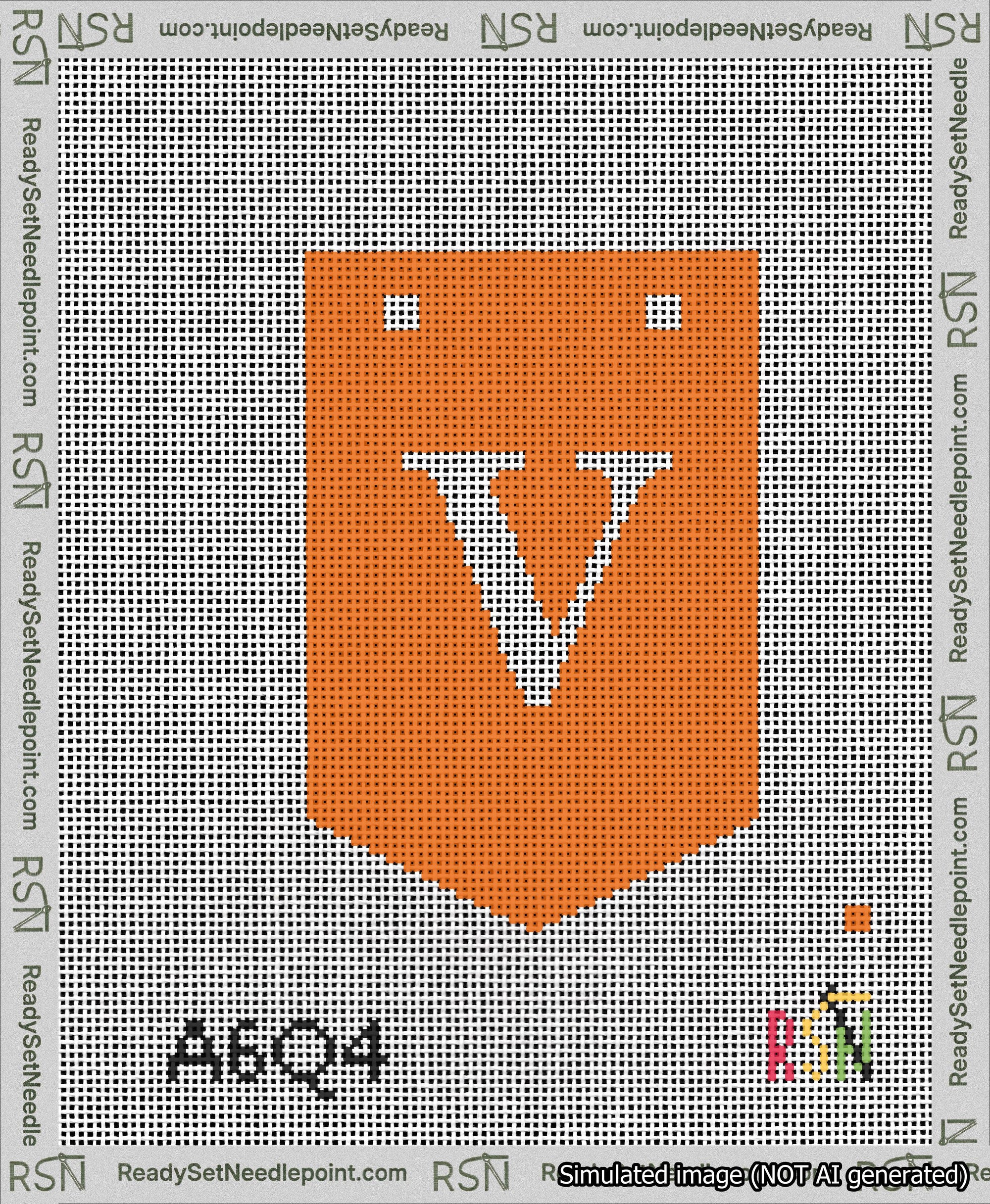 A taped needlepoint canvas with the design: Banner 13 mesh count Pointed V White on Orange.