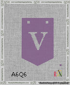 A taped needlepoint canvas with the design: Banner 13 mesh count Pointed V White on Purple.