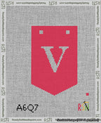 A taped needlepoint canvas with the design: Banner 13 mesh count Pointed V White on Red.