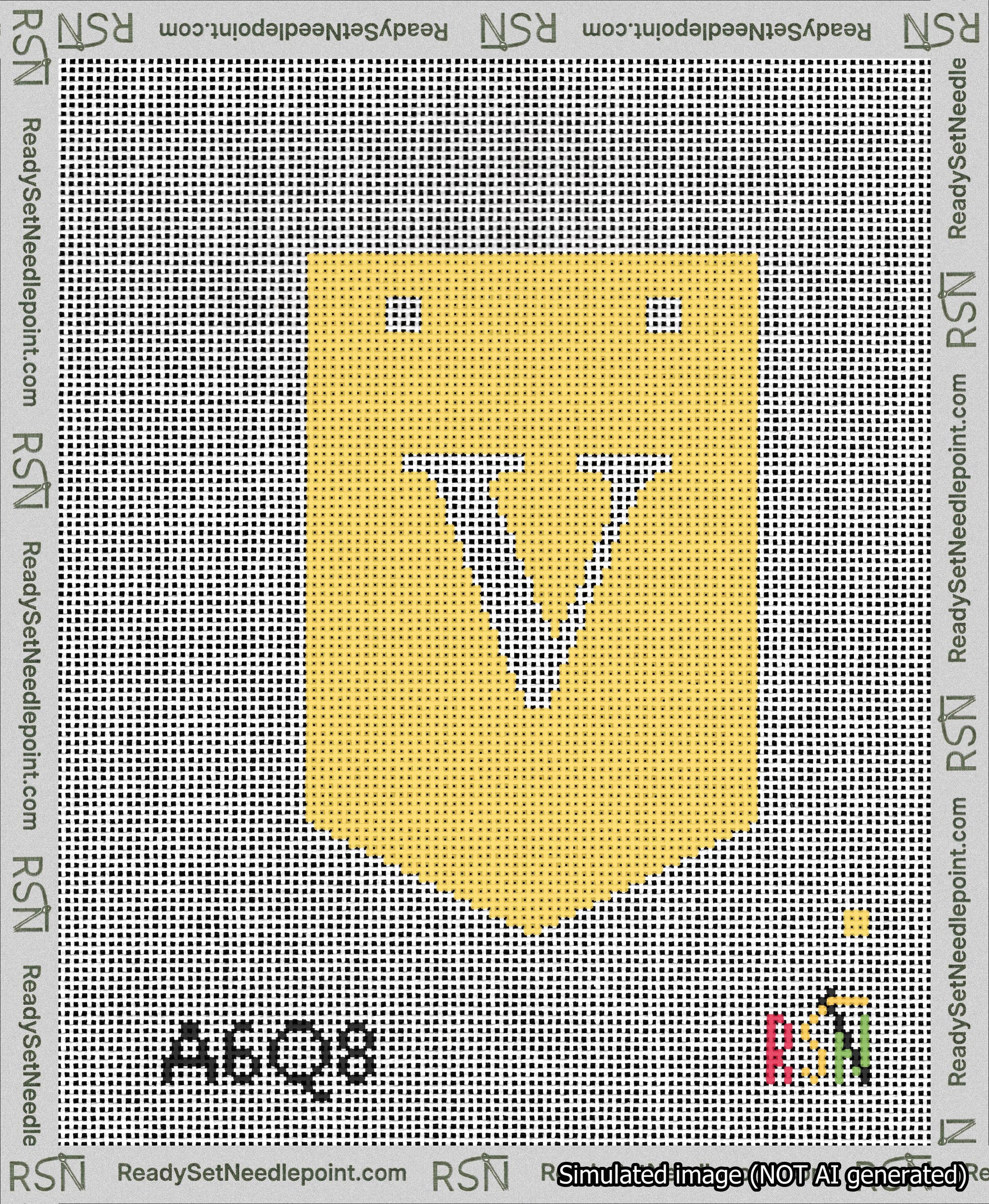 A taped needlepoint canvas with the design: Banner 13 mesh count Pointed V White on Yellow.
