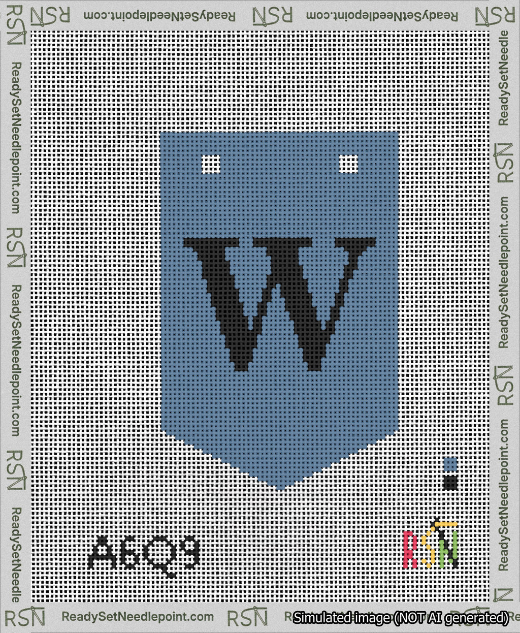 A taped needlepoint canvas with the design: Banner 13 mesh count Pointed W Black on Blue.