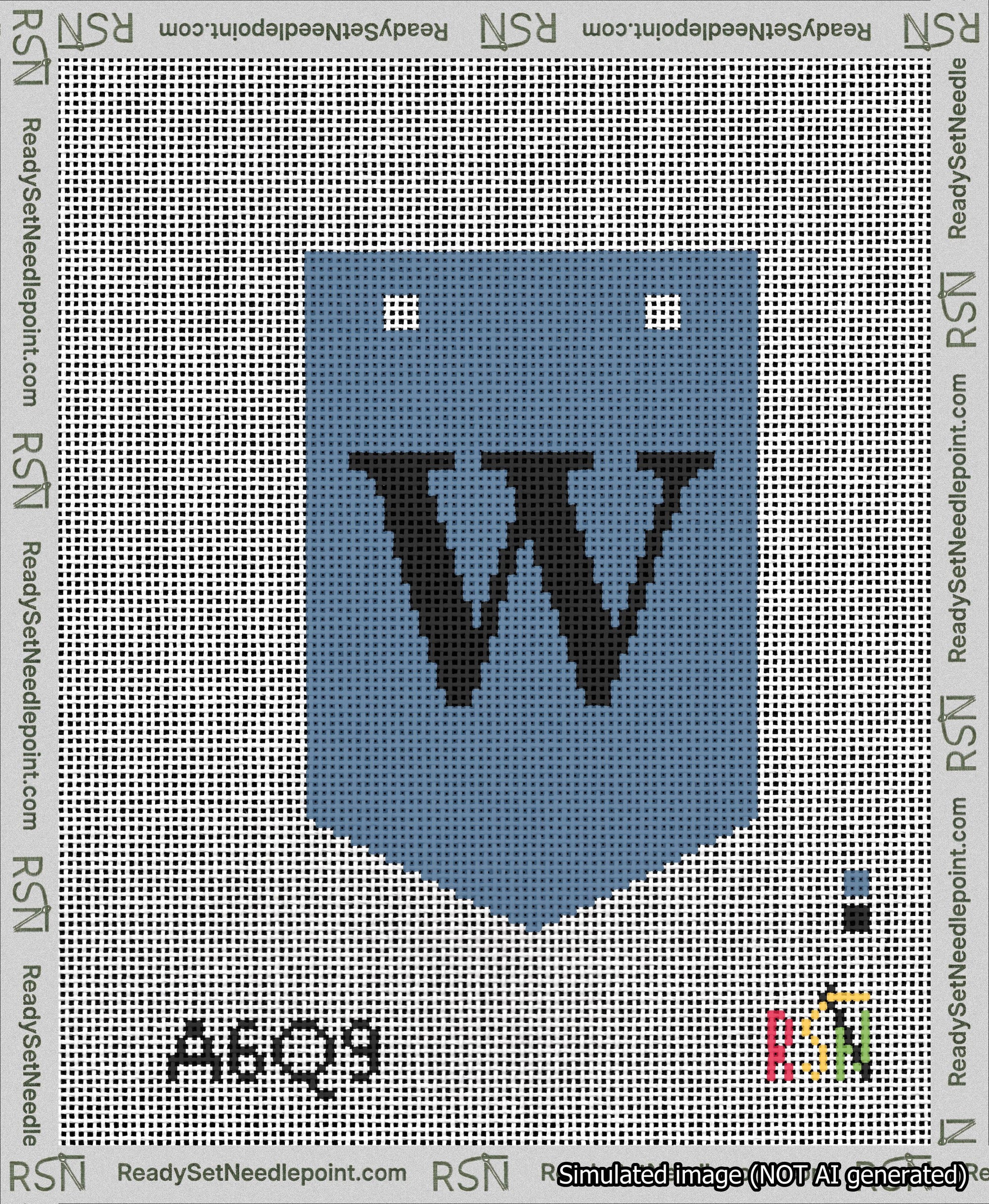 A taped needlepoint canvas with the design: Banner 13 mesh count Pointed W Black on Blue.