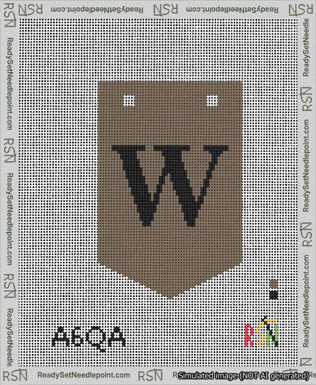 A taped needlepoint canvas with the design: Banner 13 mesh count Pointed W Black on Brown.