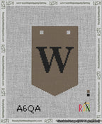 A taped needlepoint canvas with the design: Banner 13 mesh count Pointed W Black on Brown.